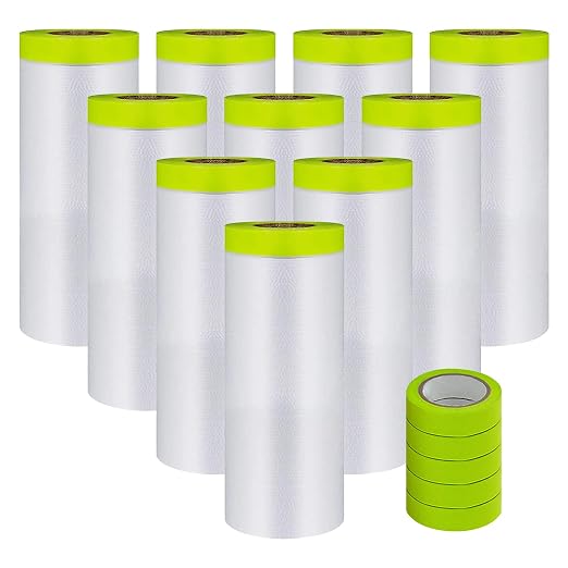Pre-Taped Masking Film-55inx65ft Tape and Drape Painters Paper Rolls, Plastic Painting Film for Automotive Painting Covering （Masking Film:10rolls,Tape:5rolls）