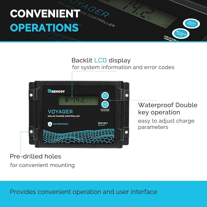 Renogy Voyager 20A 12V/24V PWM Waterproof Solar Charge Controller w/ LCD Display