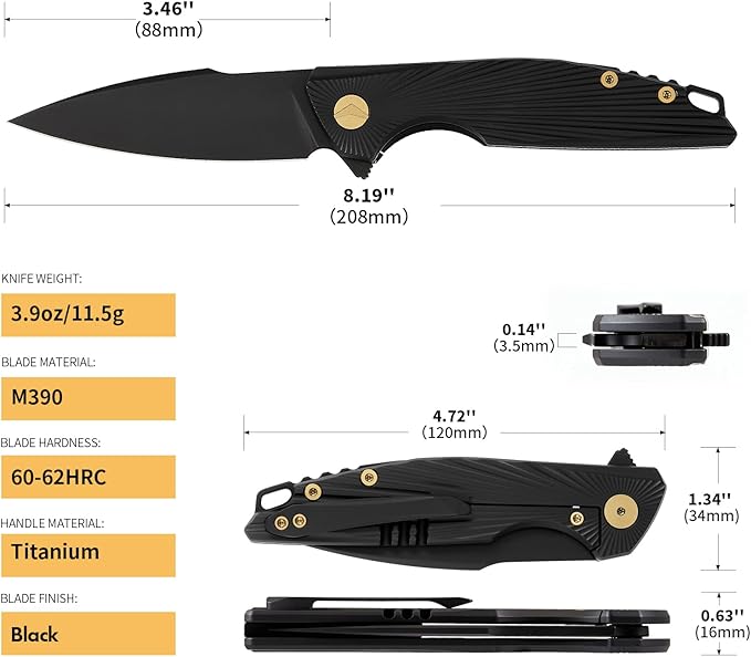 Folding Knife pocket knife EDC Knife With Clip Survival knife Hunting knife - M390 Steel Titanium Handle - Outdoor Hunting Survival Camping knife with Sheath (Black)