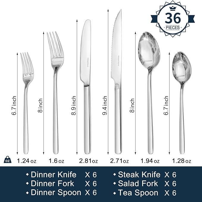 KINGSTONE 36-Piece Silverware Set with Steak Knives, Flatware Set for 6, Stainless Steel Tableware Cutlery Set for Home Restaurant, Mirror Finish,Modern Design