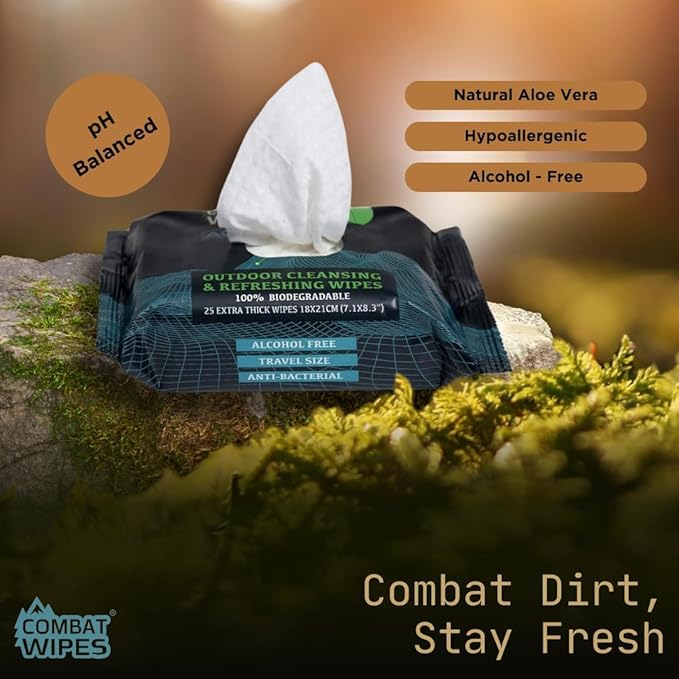 Combat Wipes ACTIVE Outdoor Wet Wipes - Extra Thick Camping Gear, Biodegradable, Body & Hand Cleansing/Refreshing Cloths for Backpacking & Gym w/Natural Aloe & Vitamin E (Active, 75 Counts)