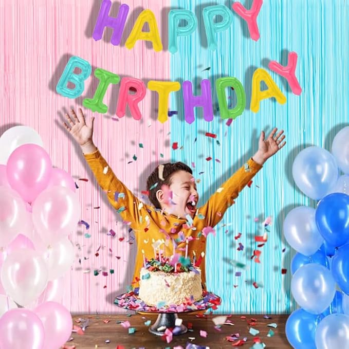BRAVESHINE Tinsel Photo Backdrop Curtains - 2 Pack 3.2x8.2ft Pastel Pink Blue Foil Fringe Streamer Curtain for Boy or Girl Birthdays Sweet Donuts Easter Party Decorations