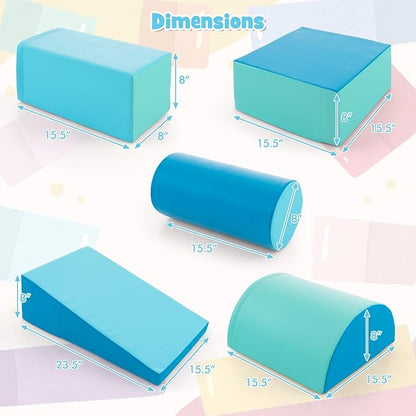 HONEY JOY 5-Piece Climb and Crawl Playset, Soft Climbing Foam Block Activity Play Structure Gym Equipment for Infant Baby, Color Coordination, Waterproof Indoor Climbing Toys for Toddlers (Blue)