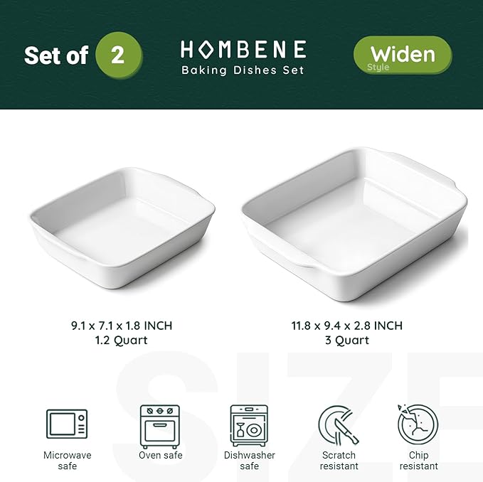HOMBENE Casserole Dish Set for 2, Ceramic Baking Pan, Ceramic Baking Dish