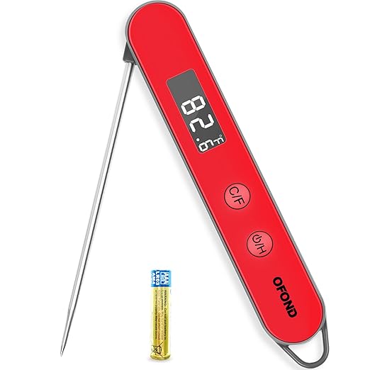 Meat Thermometer for Grill and Cooking, Instant Read Food Thermometer Battery Operated, Foldable Digital Probe, Steak Kitchen Thermometer for BBQ Oven Smoker, Store by Magnet & Hook (Red)