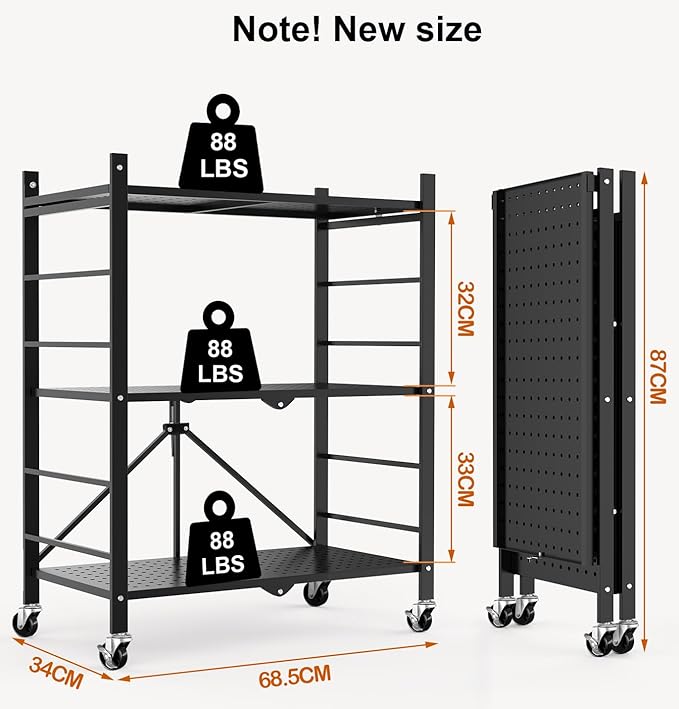 Himix Storage Shelves with 6 Hooks, 3 Tier Foldable Shelf with Wheels, Metal
