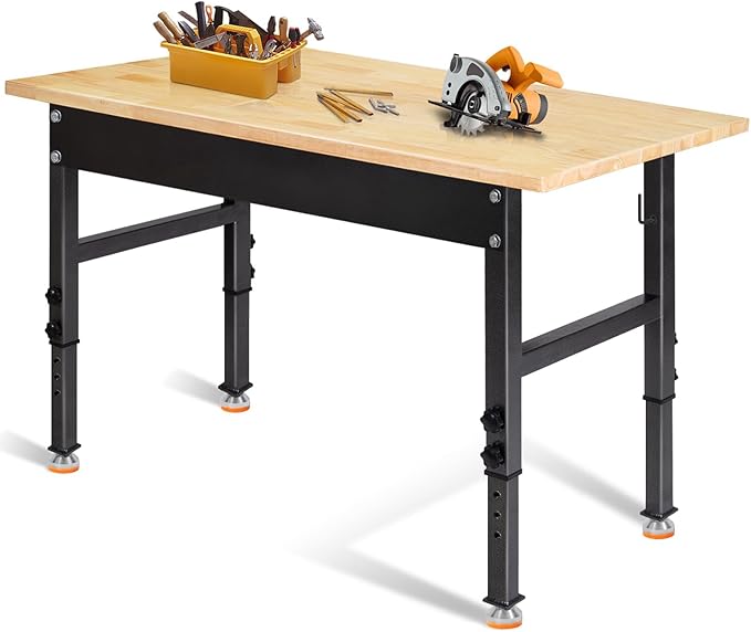 48" Adjustable Work Bench, Rubber Wood Top Workbench Heavy-Duty Work Table, 2000 LBS Load Capacity Hardwood Work Benches for Garage, Workshop, Home, Office, Easy Assembly