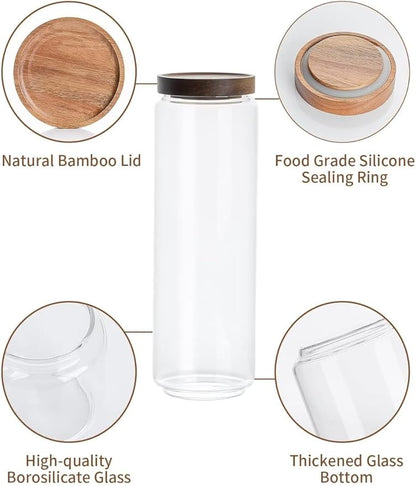 Kanwone Airtight Food Storage Containers with Bamboo lids set of 5, Stackable Food Storage Containers, Glass Canisters for Pantry, kitchen, Flour, Sugar, Tea, Coffee, Pasta, Cookies, Rice and Spice