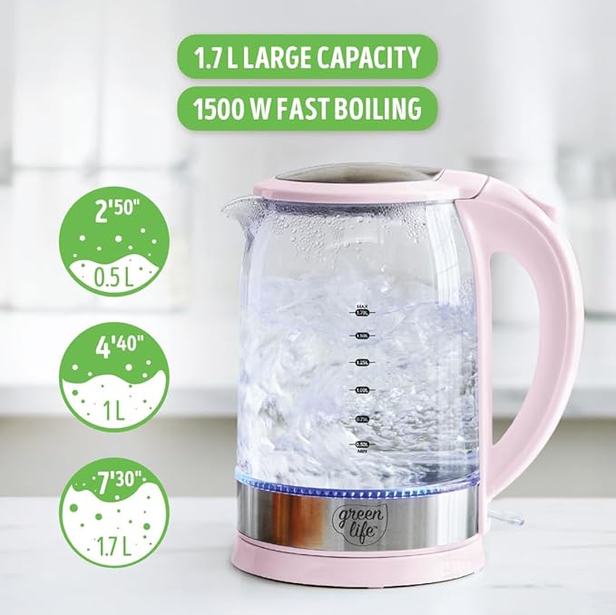 GreenLife 1.7 Liter Glass Electric Kettle, Easy One Touch Use, Quick Heating