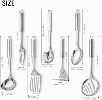 Stainless Steel Cooking Utensils 7PCS Kitchen Utensils Set, Heat Resistant Handle Utensils Set Included Ladle, Meat Fork, Slotted Spatula, Pasta Fork, Masher, Solid Spoon, Skimmer Spoon