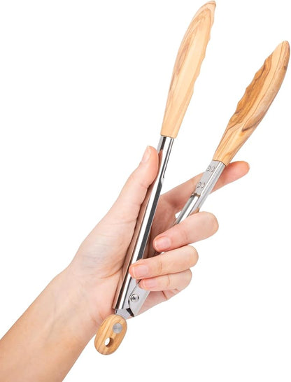 Salt & York Wooden Tongs Kitchen Long handle with non-Slip Grip for Cooking, Salad, Serving Food, Grilling - 11 Inch - Set of 1 (Olive)