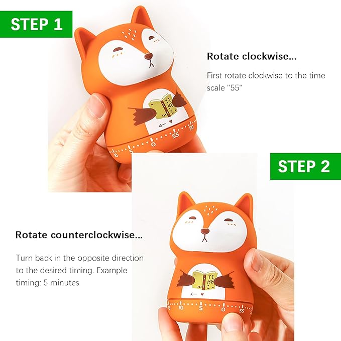Cute Orange Fox Mechanical Kitchen Timer, 60-Minute Manual Wind Up Countdown