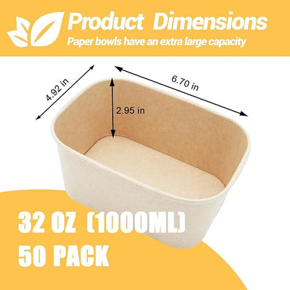 50 Pack 32 OZ Large Paper Bowls with Lids, Heavy Duty Disposable Compostable Container for Party, Disposable Bowls Bulk Soak-Proof and Microwave Safe for Hot/Cold Use(32OZ-50PACK)