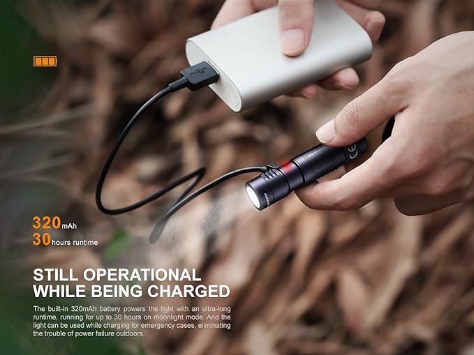 EdisonBright Fenix E05R 400 Lumen USB Rechargeable EDC Keychain Flashlight Charging Cable Carrying case (Desert Brown)
