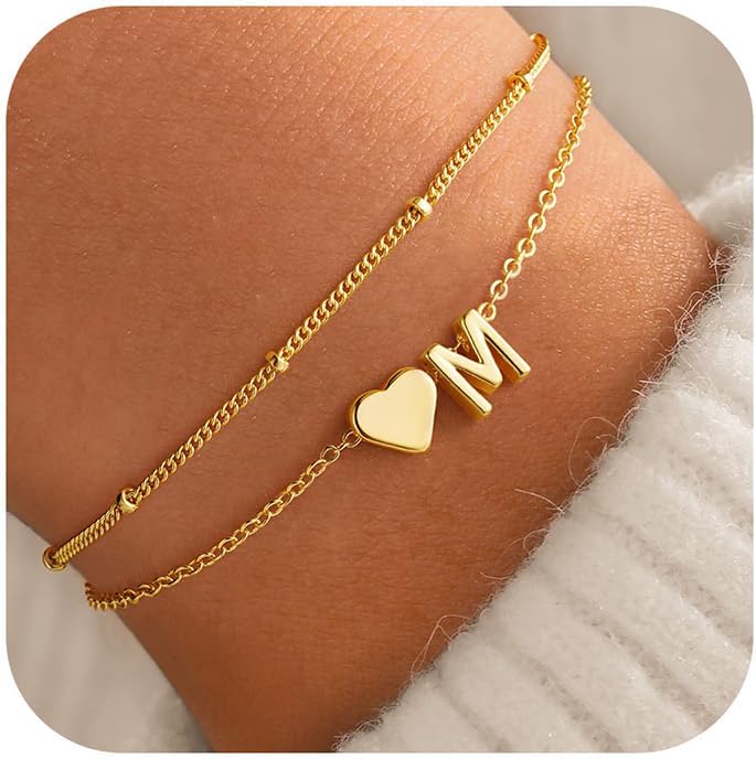 M MOOHAM Initial Heart Bracelets for Women - Layered Dainty 14K-Gold-Plated Heart Letter A-Z Charm Bracelets for Women, Chain Link Charm Bracelets Beaded Bracelets Birthday Gifts Womens Jewelry