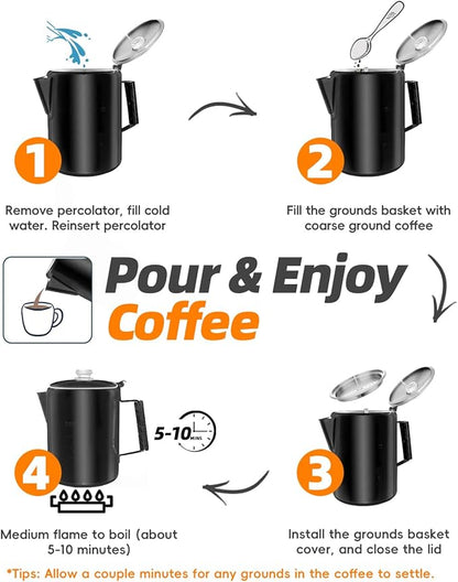MEREZA Coffee Percolator Stovetop Camping Coffee Pot Stainless Steel 9 CUP Camping Coffee Maker Outdoor Home NO Aluminum or Plastic Black