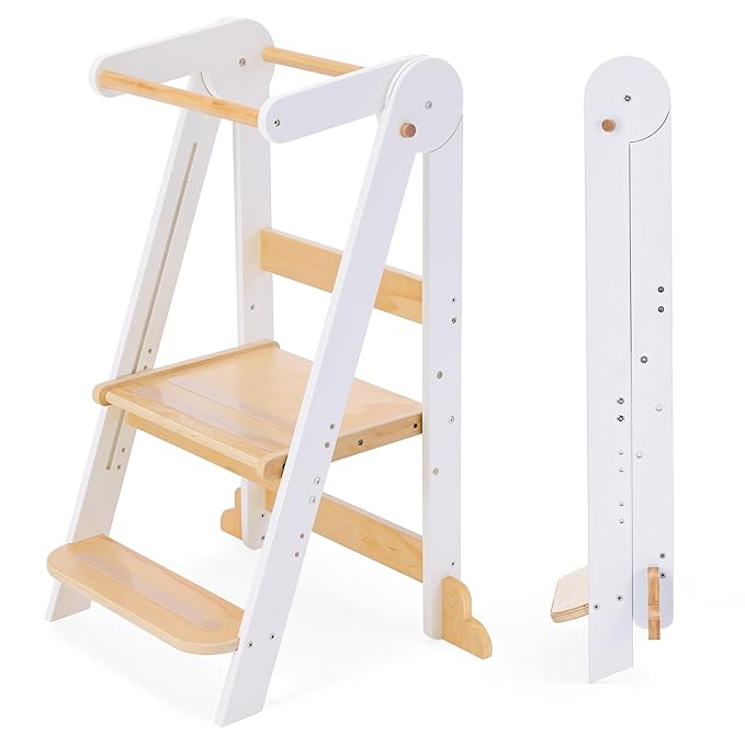 Nordi Foldable Toddler Kitchen Tower, Montessori Kitchen Stools Helper, Standing Tower with 3 Adjustable Heights, Suitable Age for 2-6 Years, White