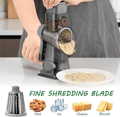 Cheese Grater Hand Crank Rotary Vegetables Shredder with Handle, 3-in-1 Graters with Interchangeable Blades and Strong Suction Base Multifunctional Slicer for Kitchen