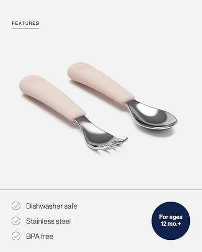 Lalo PAW Patrol Utensils - Toddler Fork and Spoon Set - Stainless Steel and Silicone Ergonomic Toddler Utensils - Children Safe Flatware Set - 2 Pieces - Skye