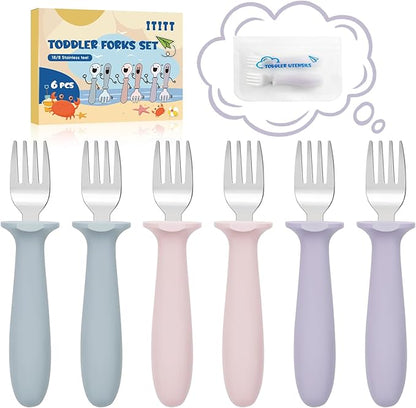 6 PCS Toddler Forks Set - Baby Forks with Silicone Handle Children Food Grade 18/8 Stainless Steel Toddler Utensils Set for Self Feeding Kids Silverware Set Safe Anti-Choke Design Dishwasher Safe