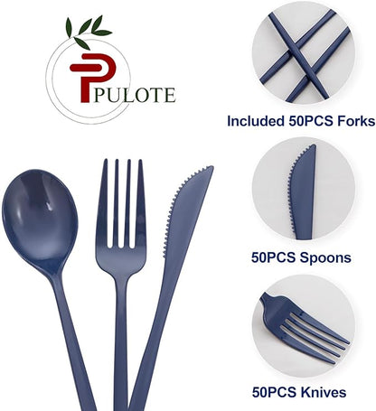 PULOTE 150PCS Blue Plastic Silverware Set - Plastic Cutlery Disposable - Heavy Duty Blue Plastic Utensils Include 50 Forks, 50 Knives,50 Spoons for Party&Wedding