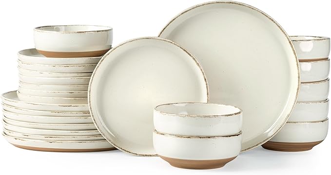 AmorArc 24 Pieces Ceramic Dinnerware Sets for 8, Handpainted Stoneware Plates and Bowls Set with Rustic Terracotta Underside, Scratch Resistant Dishes Set, Dishwasher & Microwave Safe