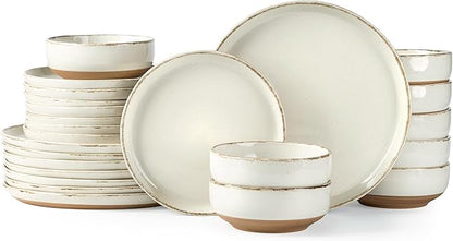 AmorArc 24 Pieces Ceramic Dinnerware Sets for 8, Handpainted Stoneware Plates and Bowls Set with Rustic Terracotta Underside, Scratch Resistant Dishes Set, Dishwasher & Microwave Safe