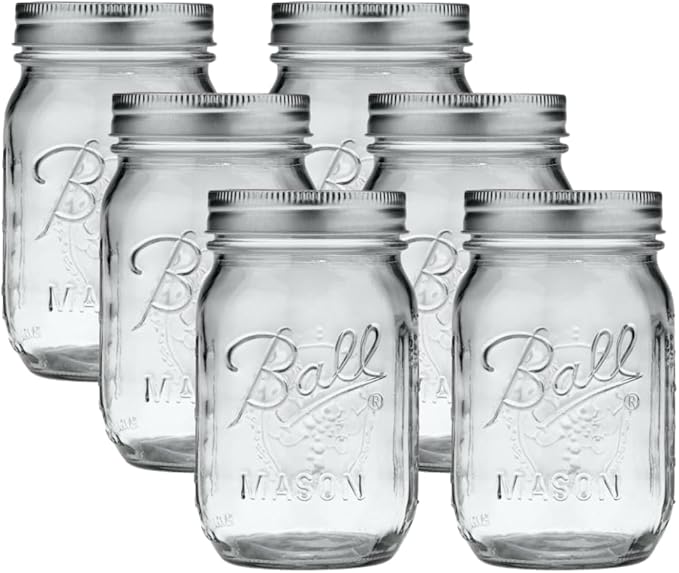 Ball Regular Mouth Glass Mason Jars with Lids and Bands, Used for Canning (Pint, 16 Ounce (Pack of 6))