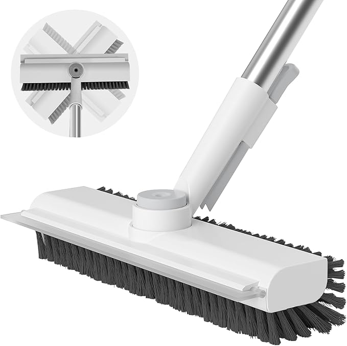Floor Scrub Brush with Long Handle, 3 in 1 Scrape and Heavy-Duty Stiff Bristle