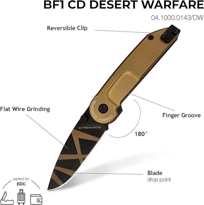 Extrema Ratio - BF1 CD (DESERT), Folding Knife, Böhler N690 steel hardened to 58 HRC, desert-colored stone burnished blade, smooth aluminum handle, reversible stainless steel clip, slim and compact design