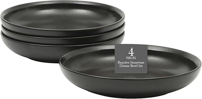 Gibson Elite Beckett 4-Piece 9 Inch Dinner Plate Bowl Set – Reactive Glaze Stoneware – Shallow Serving Pasta Bowls (Blate) – Round Wide-Rim Design – Microwave & Dishwasher Safe - Black
