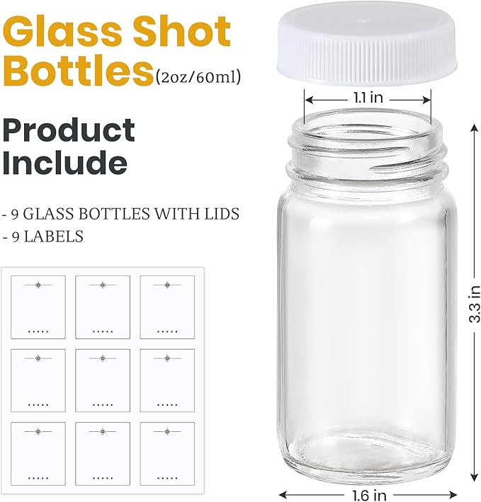 9 Pack 2 oz Glass Shot Bottles w/ White Lids & 9 Labels