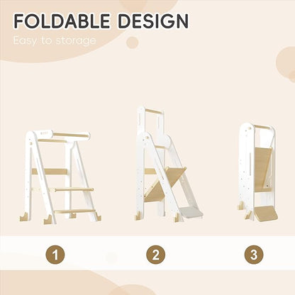 Kids Kitchen Step Stool, Foldable Toddler Tower, Height Adjustable Toddler Standing Tower with Safty Rail and Anti-Slip Device, Wooden Stool for 1.5-6 Years(White-Wood)