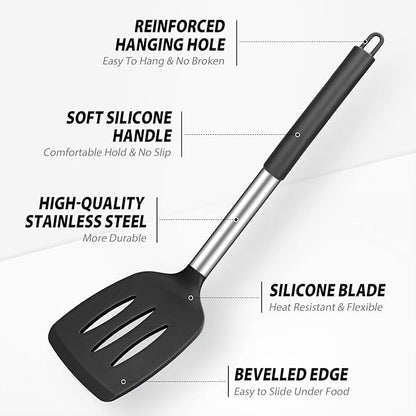 Pack of 4 Large Silicone Cooking Spatulas and Spoons, Slotted and Solid