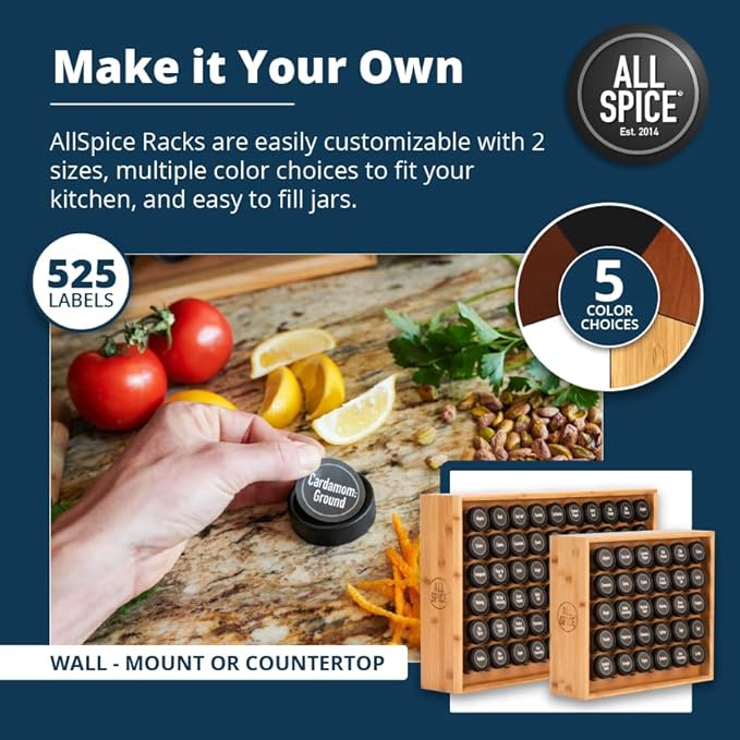 AllSpice Spice Rack Organizer, 525 Unique Labels, Countertop or Wall Mount