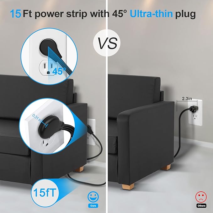 Surge Protector Power Strip 15 ft Cord, Long Power Strip