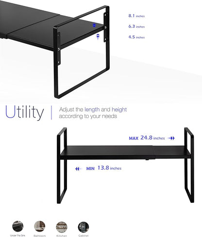 Nxconsu Cabinet Shelf Expandable Height Adjustable Shelf Organizer Riser for Kitchen Cabinet Pantry Cupboard Under Sink Countertop Organization Storage Space Saver Stackable Heavy Duty Metal Black XXL