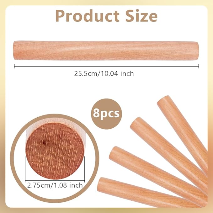 OLYCRAFT 8pcs Wood Rolling Pins 10 inch Clay Rolling Pins 1.1 inch Diameter