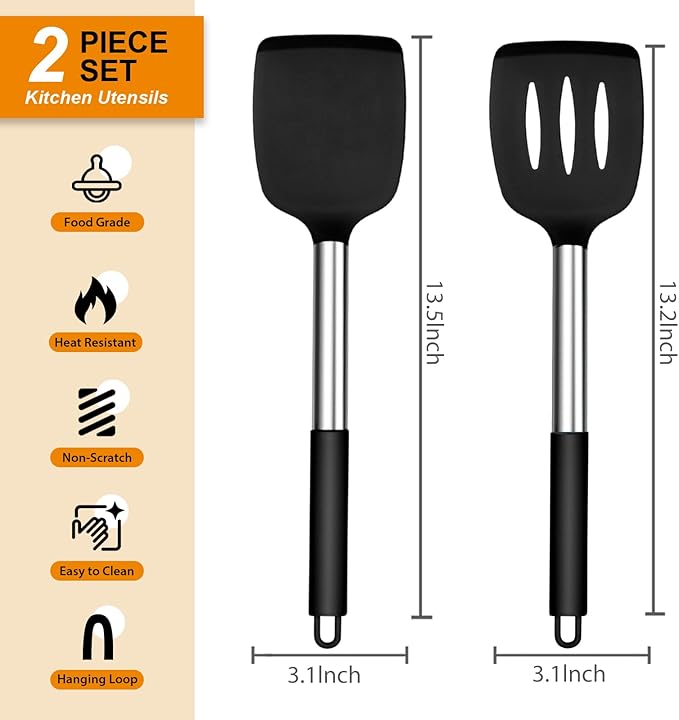 E-far Silicone Spatula Set of 2, Solid & Slotted Turner