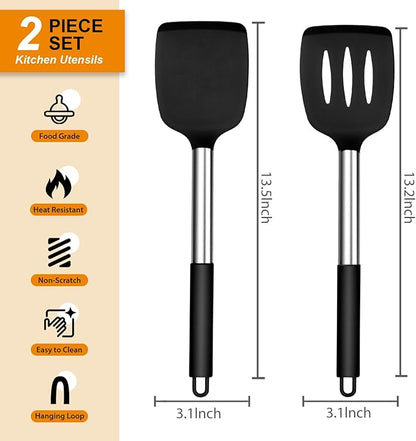 E-far Silicone Spatula Set of 2, Solid & Slotted Turner