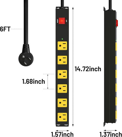 Heavy Duty 6 Outlet Metal Long Power Strip, 2700J Surge Protector