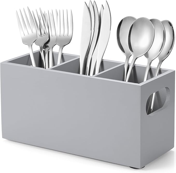 DRASTAR Wooden Silverware Caddy, Flatware Cutlery Holder, Kitchen Utensil Holder