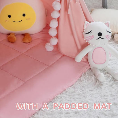 Teepee Tent for Kids with Padded Mat Cotton Canvas Kids Tent with Pompom for Toddlers Indoor Play Tent for Girls Boys with Stars Lights, Carry Bag, Banner Flag (Pink)
