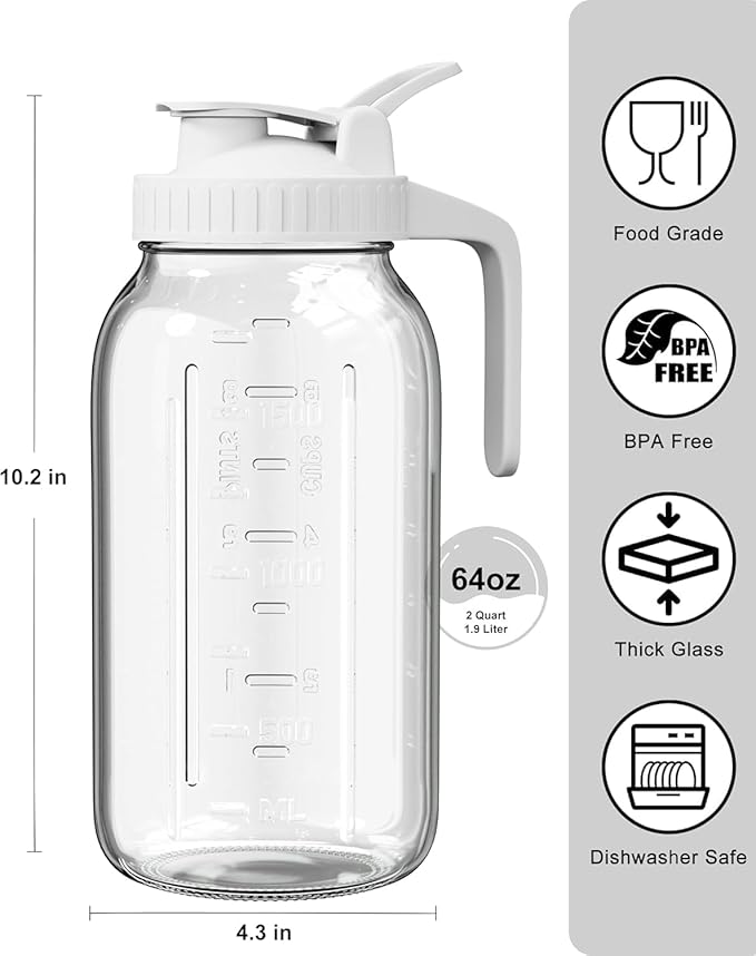 64oz Glass Pitcher, 2 Quart Mason Jar Pitcher