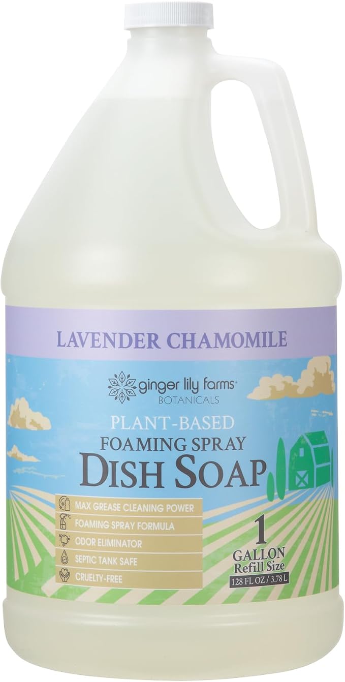 Ginger Lily Farms Botanicals Plant-Based Foaming Spray Dish Soap, Concentrated Formula with Max Grease Cleaning Power, Cruelty-Free, Lavender Chamomile Scent, 1 Gallon (Pack of 4)
