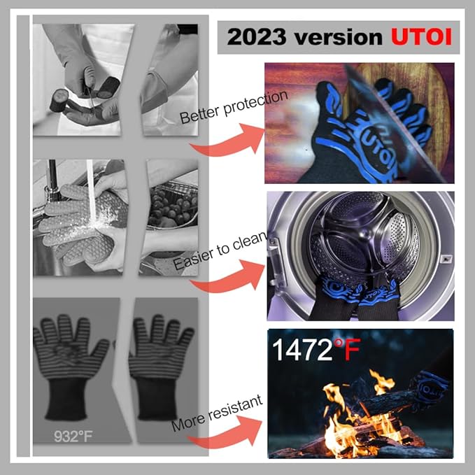BBQ Gloves, 1472°F Heat Resistant Grilling Gloves, Silicone Non-Slip Long Cooking Gloves for Kitchen, Oven, Baking Campfire and Smoker, EN407 Certified, Blue, XL Size, 1 Pair