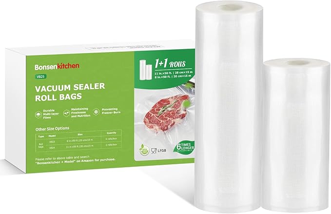 Bonsenkitchen Vacuum Sealer Bags Rolls, 11in x 50ft & 8in x 50ft Durable Food Sealer Bags, Commercial Grade, Heavy Duty, BPA Free, Seal a Meal, Great for Food Storage & Sous Vide Cooking, VB25