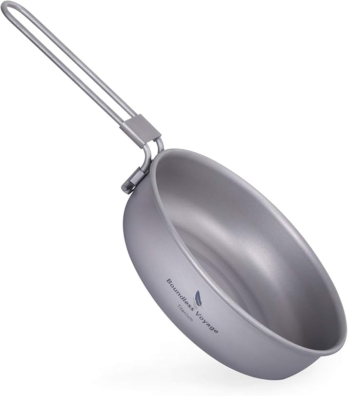 Boundless Voyage Ultra-light Titanium Frying Pan with Folding Handle Outdoor Camping Skillet Griddle Tableware Titanium Pan Ti15170B