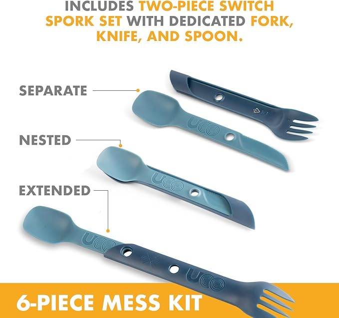 UCO 6-Piece Camping Mess Kit with Bowl, Plate, Camp Cup, and Switch Spork Utensil Set