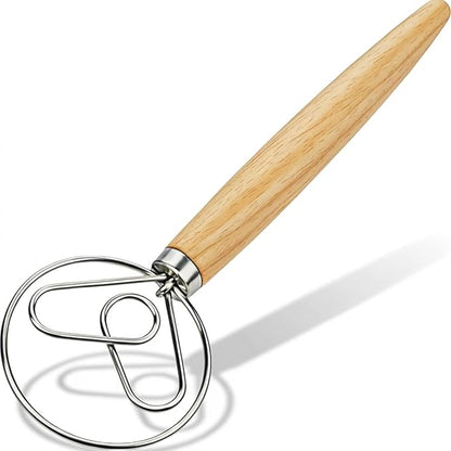 Danish Dough Whisk with Dough Hook Stainless Steel Wooden Handle